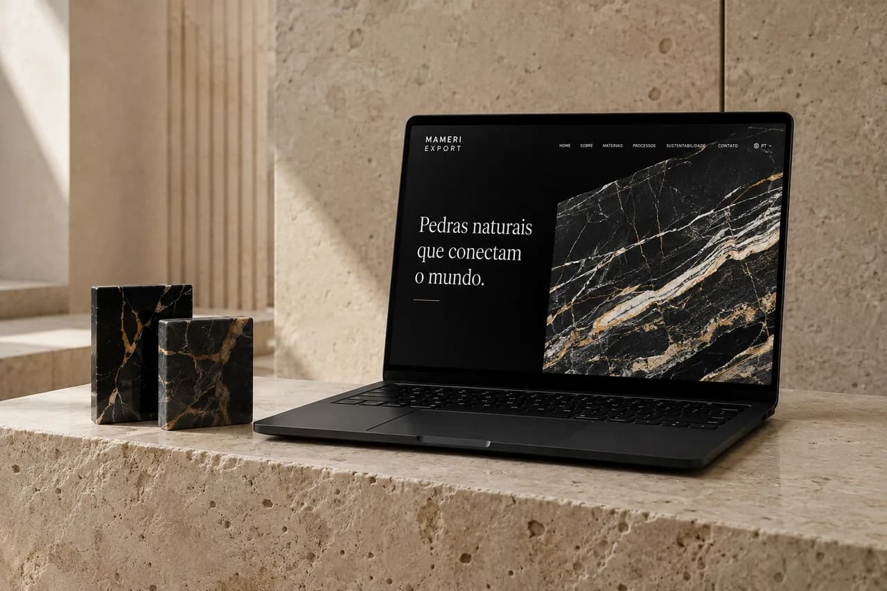 Direção visual Mameri Export: rochas naturais e website em um notebook